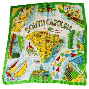Vintage 50's Silk Souvenir Green Colorful Scarf South Carolina